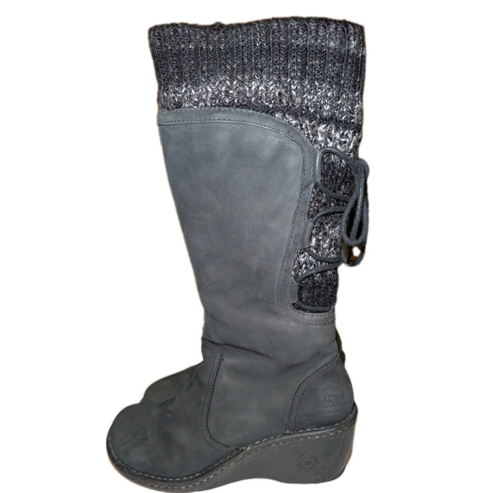 UGG Women's Skylair Tall Black Suede Leather Sheepskin Lined Wedge Boots Size 7 - Picture 2 of 11